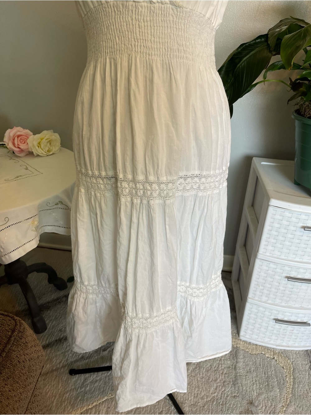 Speed Control White Cottagecore Midi Dress Lace Puff Sleeve Smocked Large - Picture 5 of 9